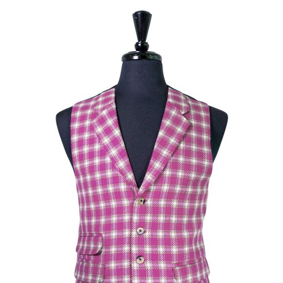 Mens Plaid Vest 42R Pink White Lambswool Waistcoat Formal Wedding Prom Party - Picture 4 of 10